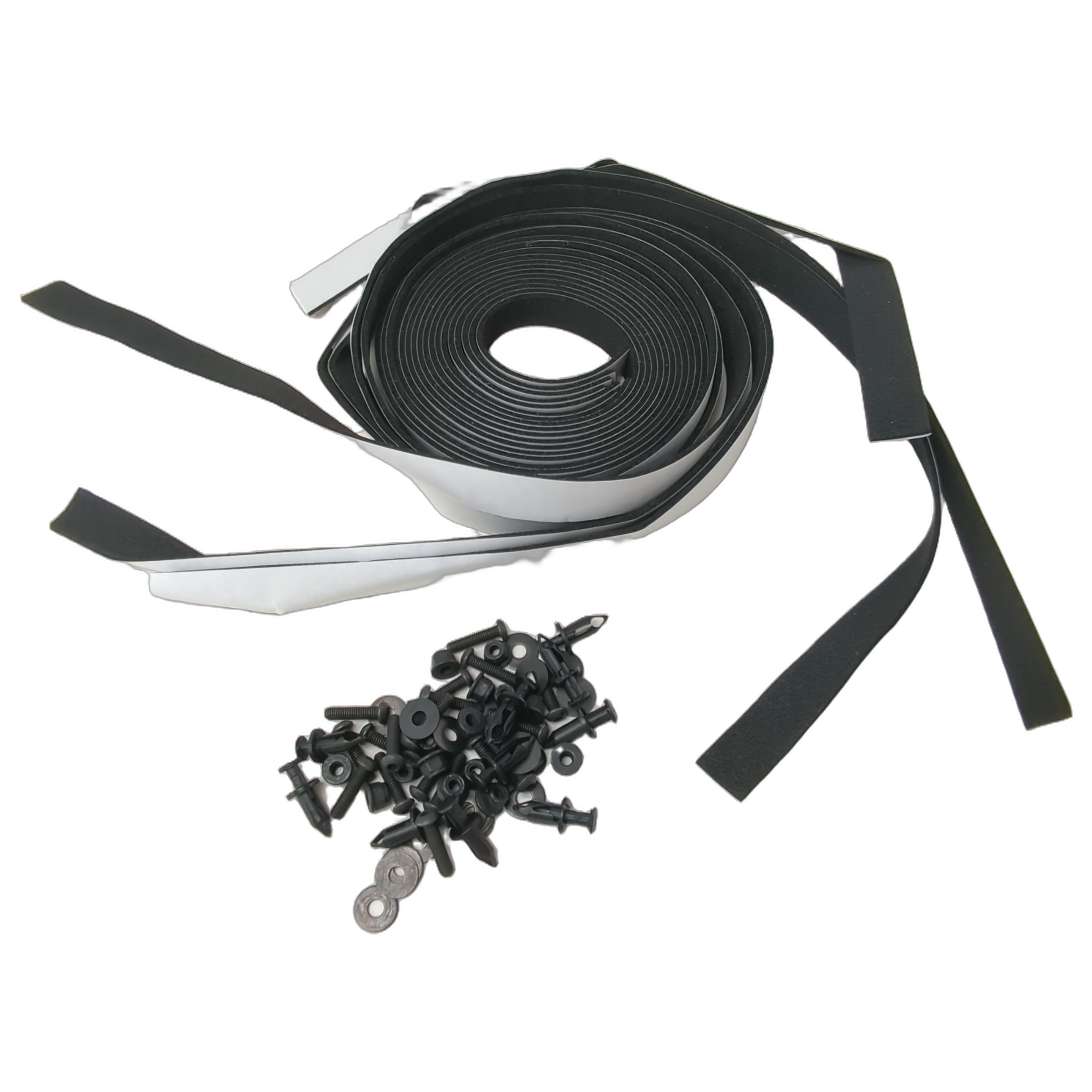 Black nylon strap roll with reflective silver edges and assorted black screws and fasteners for vehicle hardware.