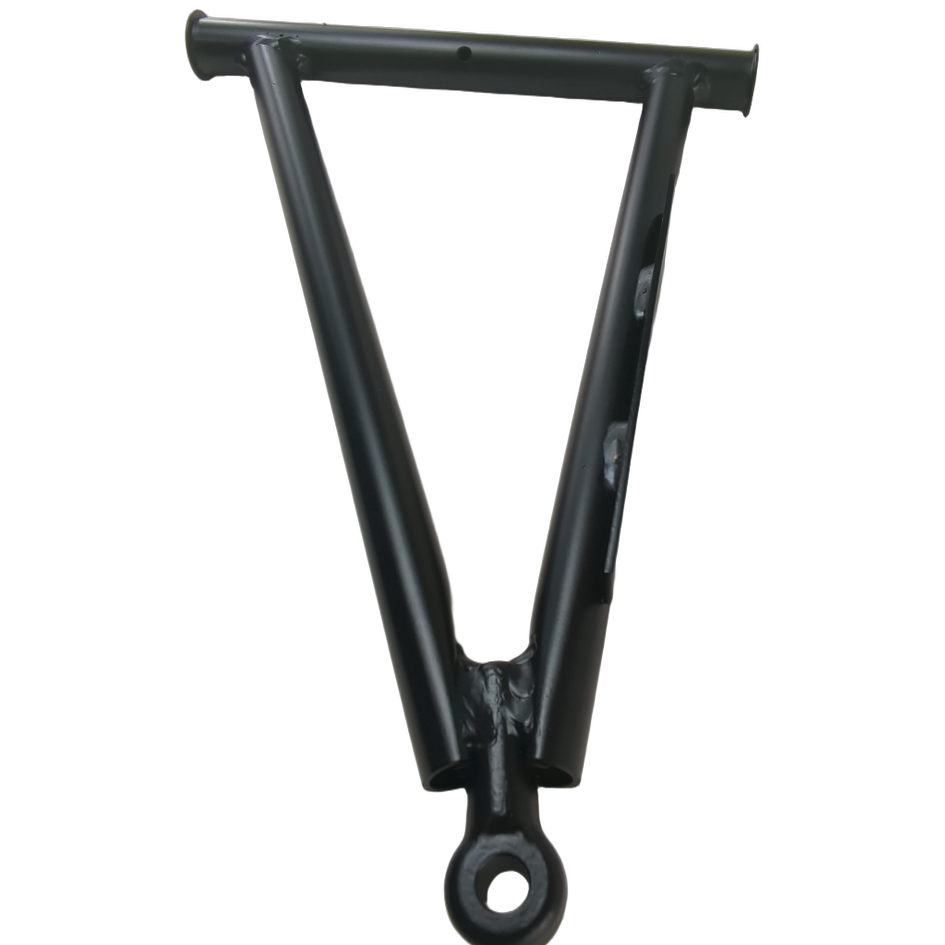 Matte black metal right A-arm flared suspension component with circular mounting hole.