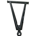 Matte black metal right A-arm flared suspension component with circular mounting hole.