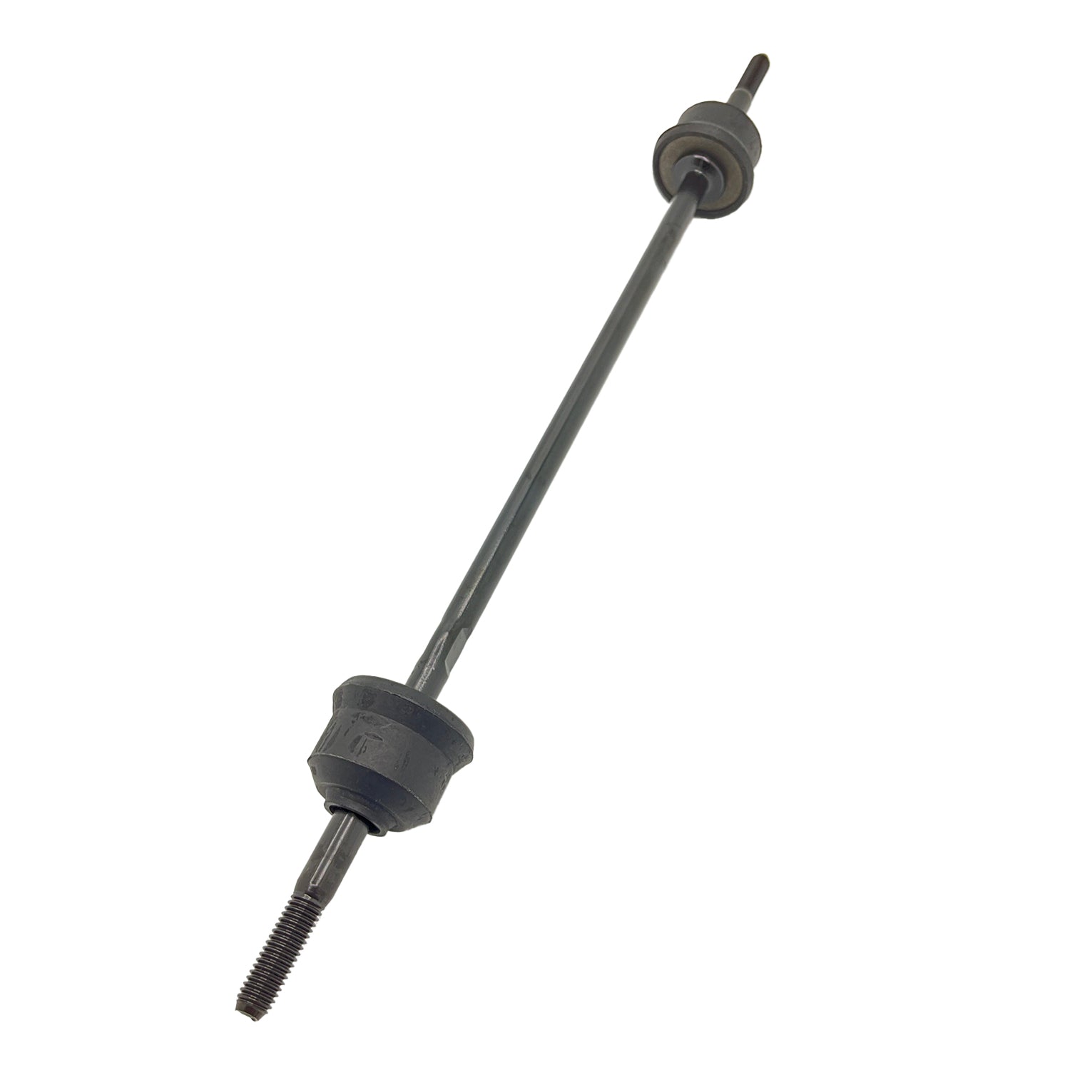 Black metal stabilizer bar linkage with rubber bushings on each end and threaded connectors.