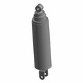 Matte black motorcycle shock absorber with cylindrical body and dual mounting eyelets at ends.