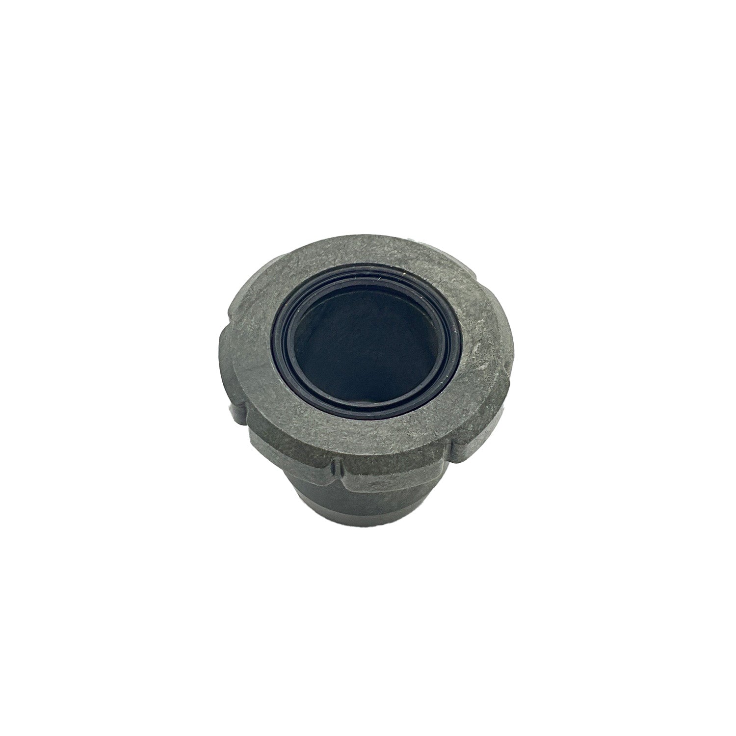 Heavy duty metal bushing with black rubber seal around the inner diameter.