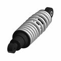 Black and white coilover motorcycle shock absorber with metal spring and mounting eyes at both ends.