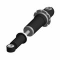 Black and silver cylindrical fork damper with mounting eyelets on both ends and a gear-like adjustment ring near the top.