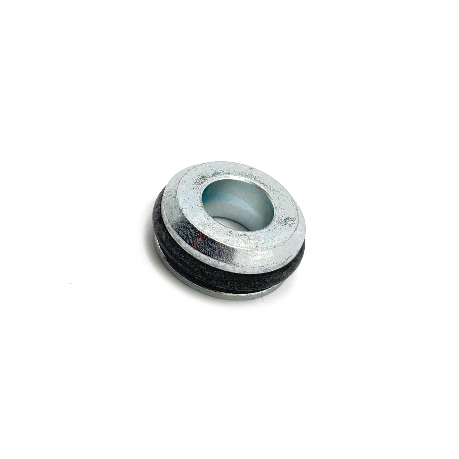 Silver metal sealed pivot cap with black rubber gasket ring.