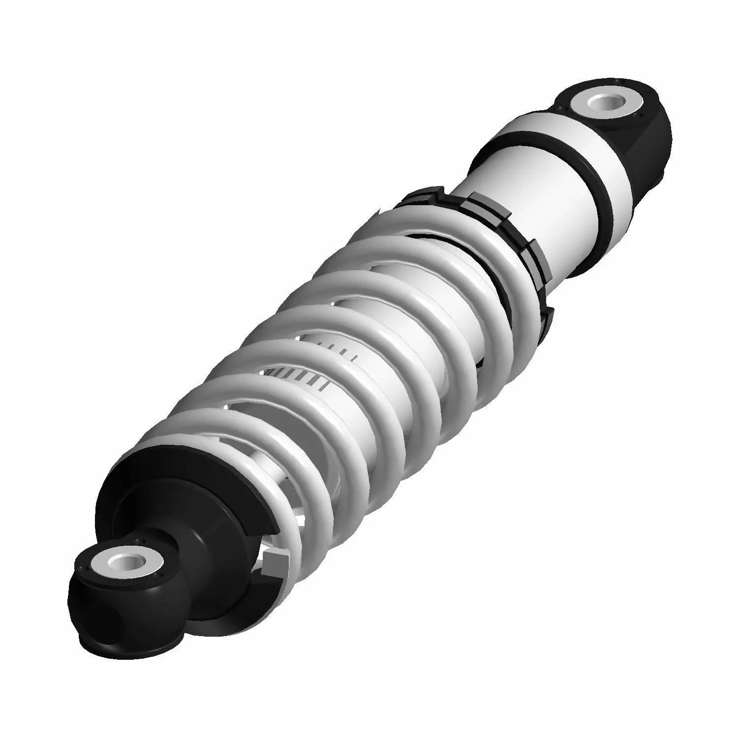 Silver coil spring shock absorber with black mounting ends and white central shaft.