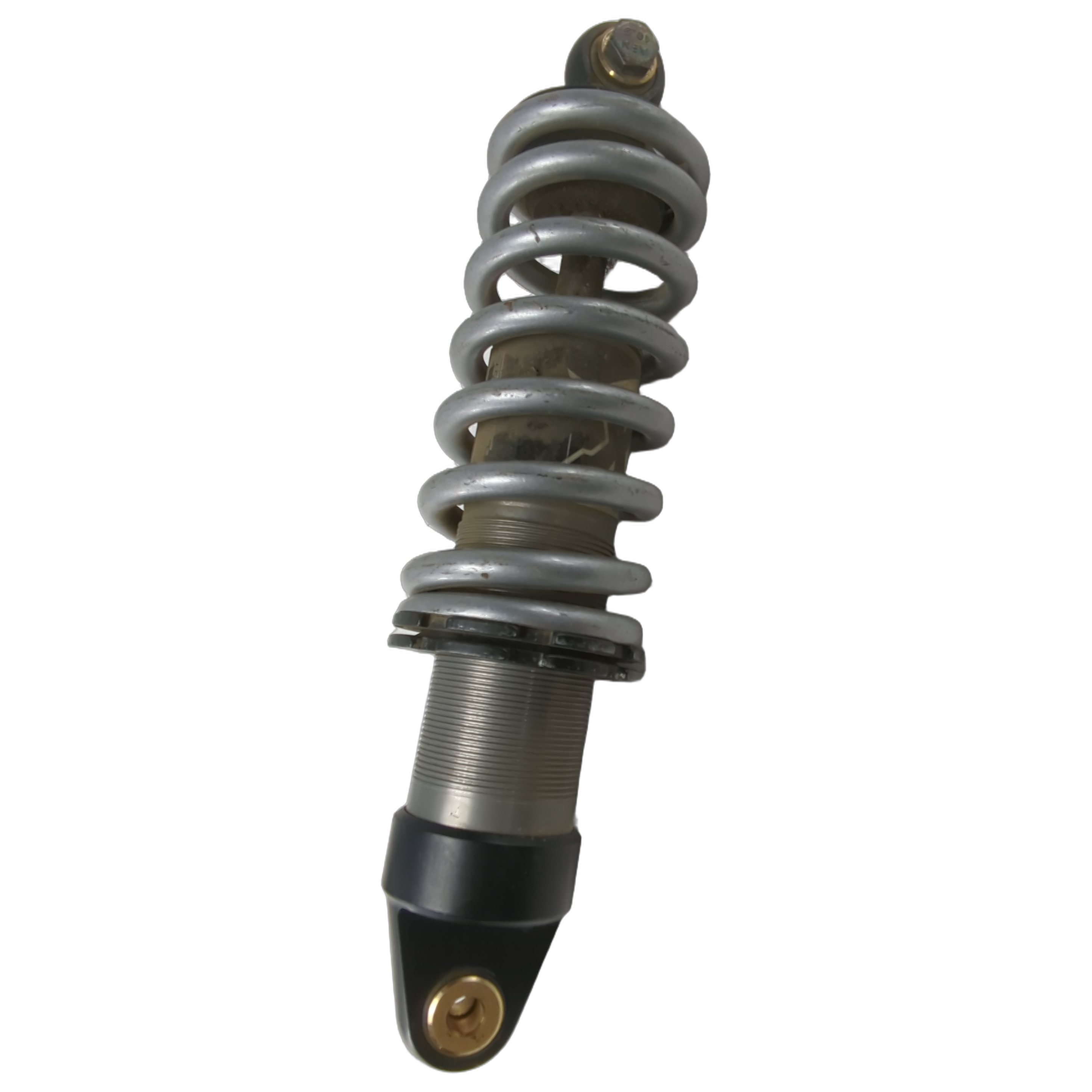 Silver coil spring shock absorber with black and metallic mounting ends for motorcycle suspension.