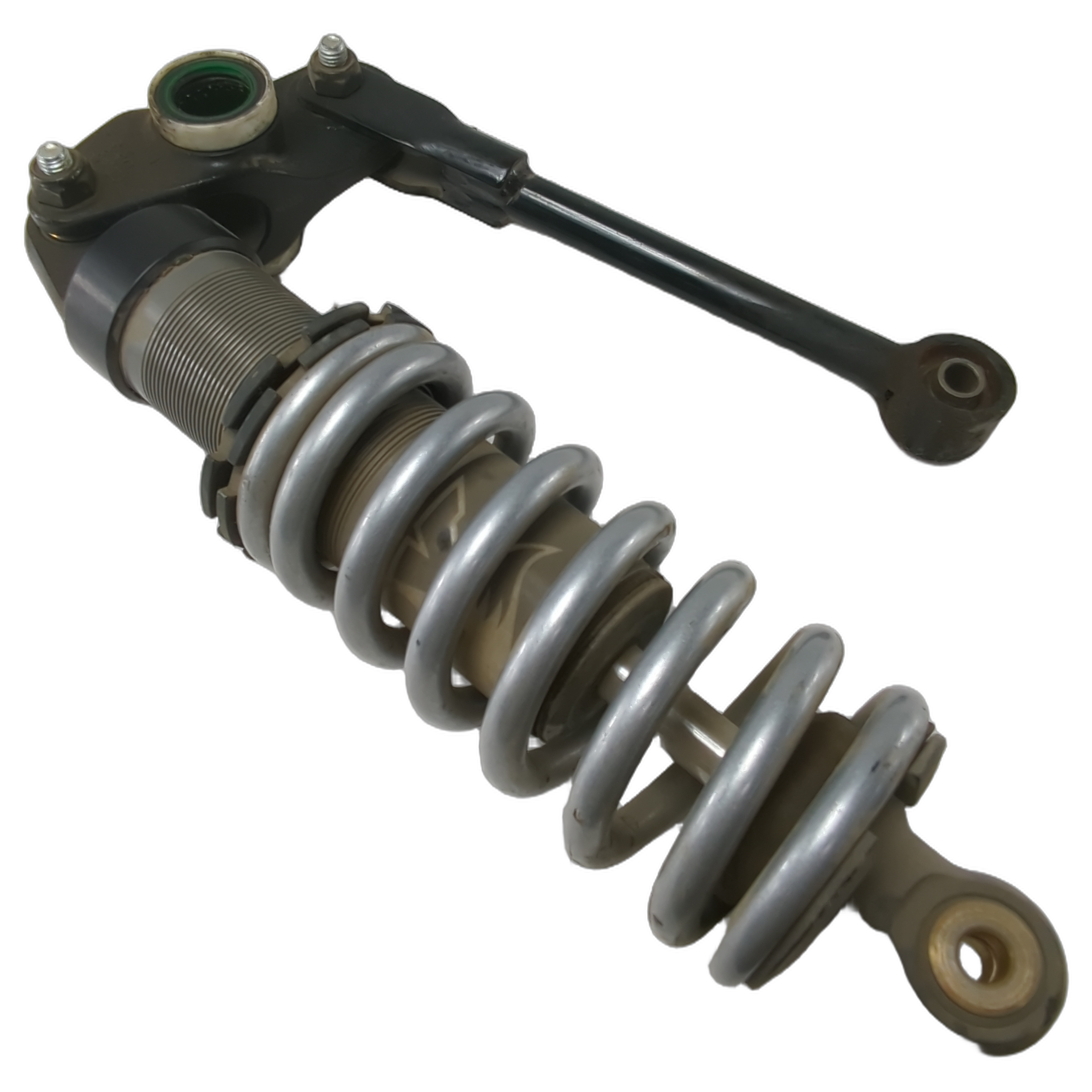 Silver coil spring shock absorber with black adjustable linkage and mounting points.