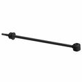 Black metal stabilizer bar linkage with a cylindrical bushing on one end and a threaded stud on the other.