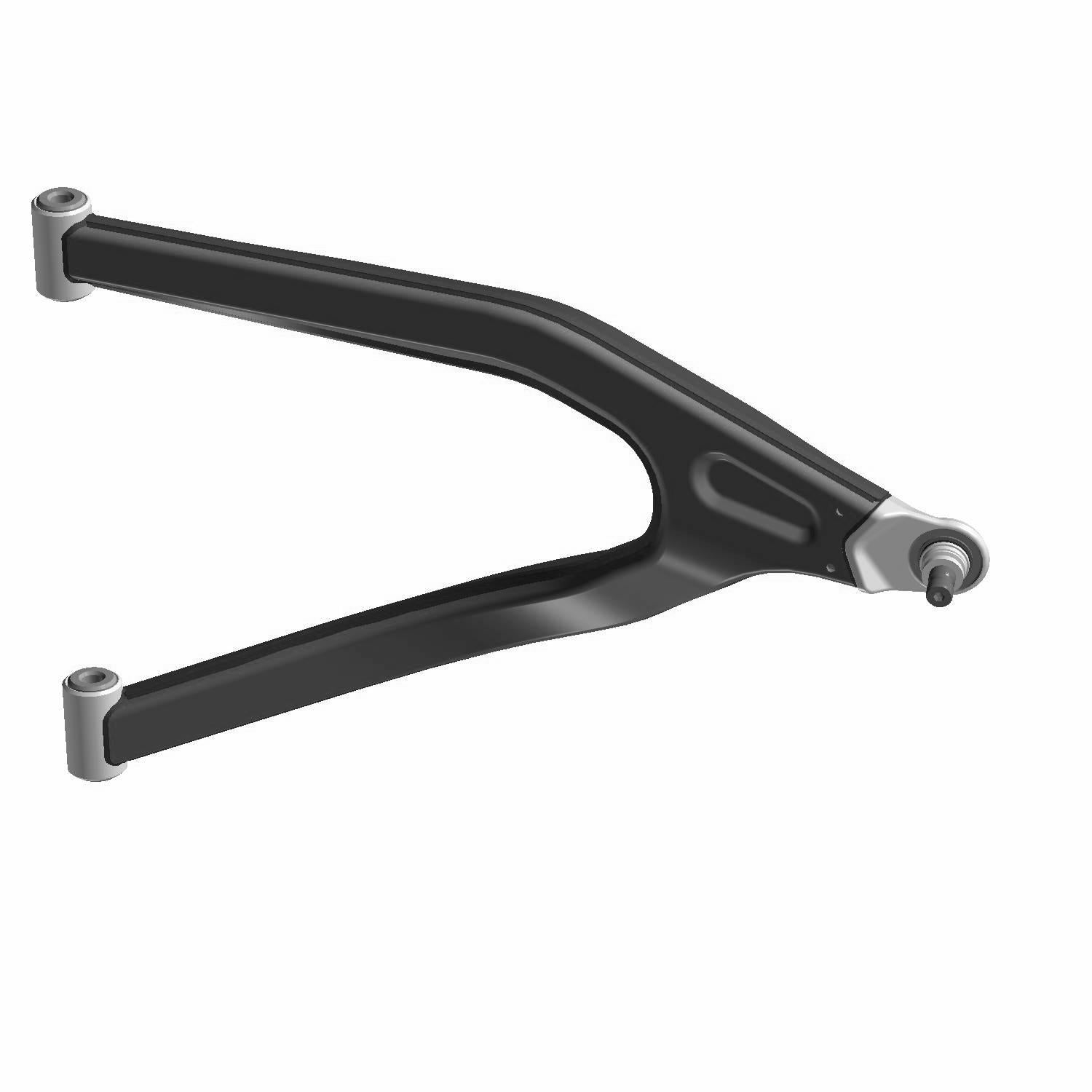 Black metal upper A-arm suspension component with mounting points on each end, designed for offroad vehicles.