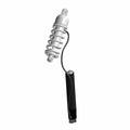 Silver coil spring shock absorber with black remote preload adjuster and attached cable.