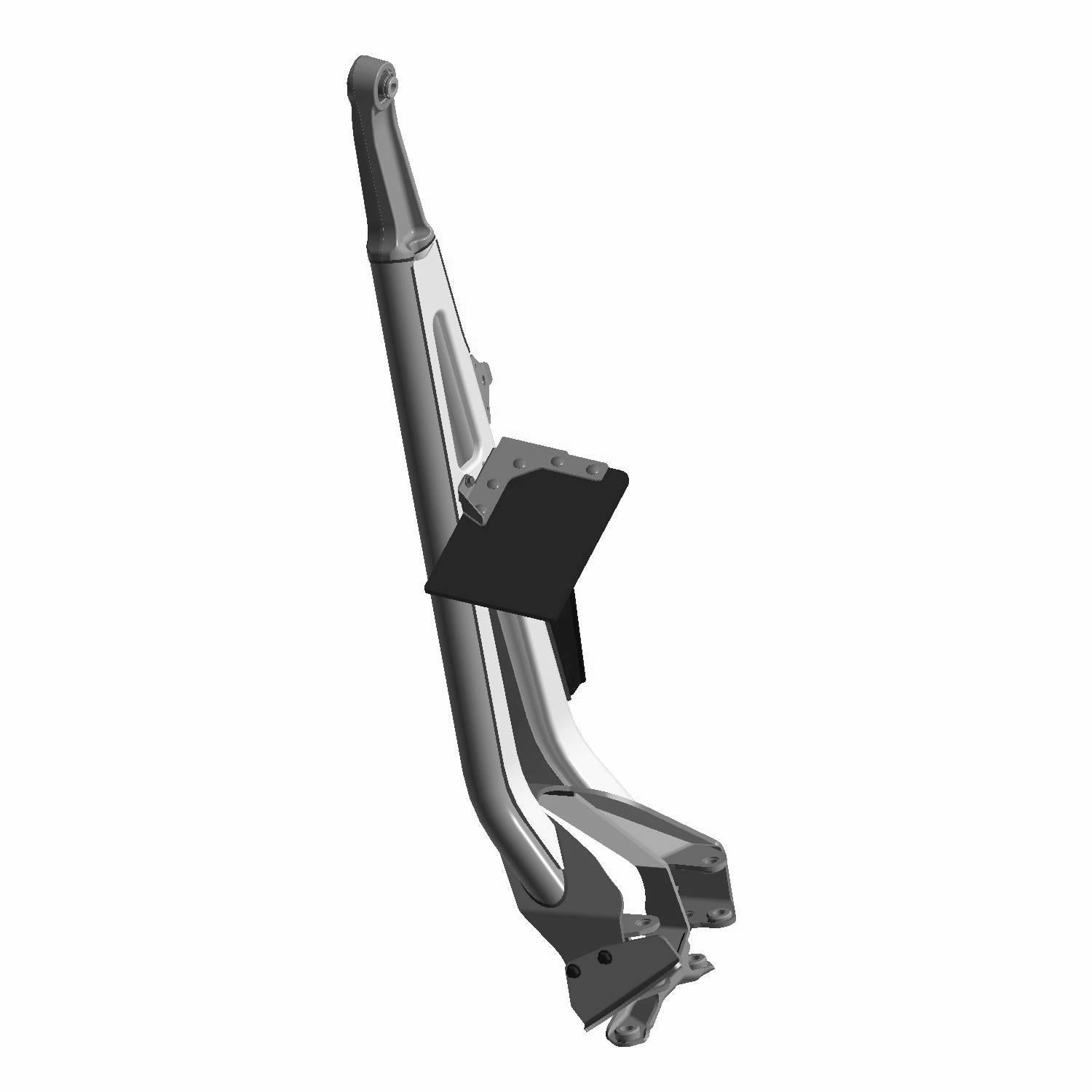 Gray metal trailing arm with angular design and multiple mounting points for offroad vehicle suspension.