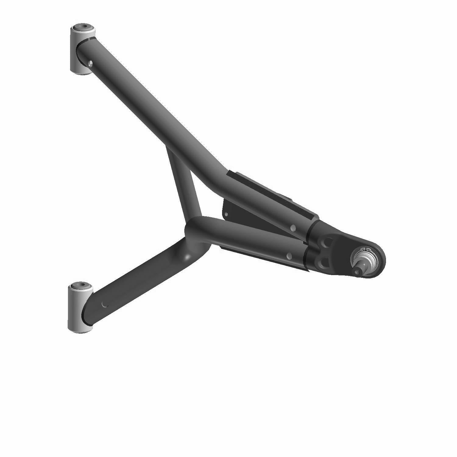 Black metal front left upper A-arm with integrated joint mounts for Polaris UTV suspension.