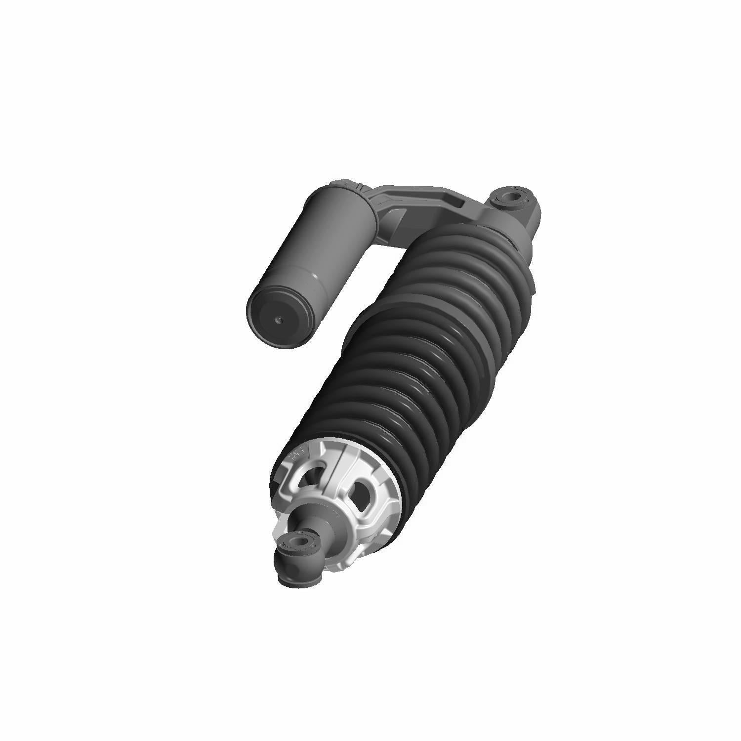 Black front left shock absorber with coil spring and mounting points for offroad vehicle.