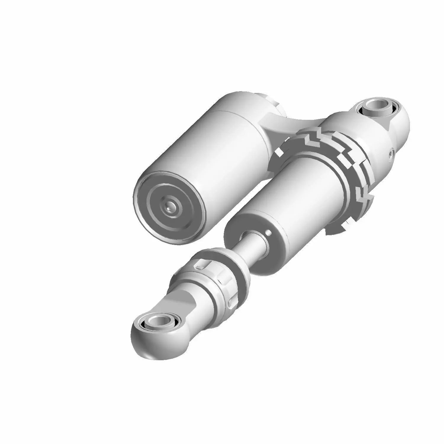 3D-rendered image of a Damper Rear Sp by Polaris with a cylindrical reservoir and mounting points at both ends, shown angled on a white background.