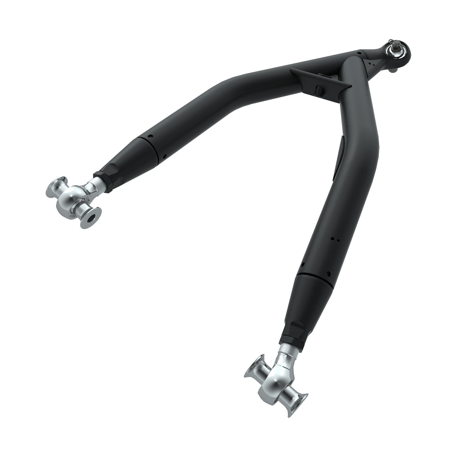 Black metal upper A-arm with silver ball joints designed for Polaris offroad vehicles.