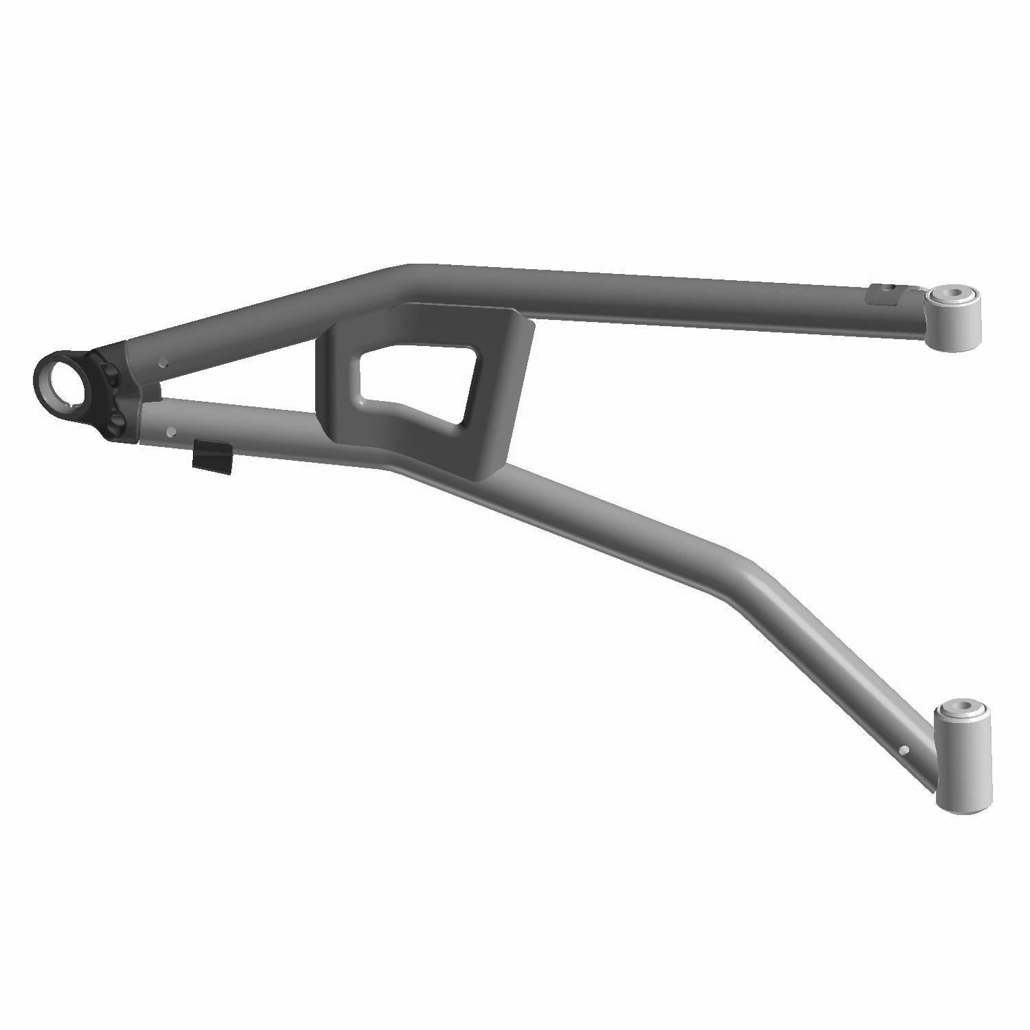 Black metal lower A-arm with reinforced triangular structure and mounting points for Polaris UTV.