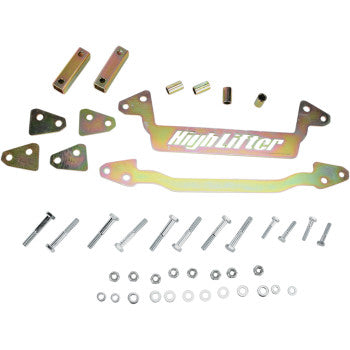 Assorted metal brackets, bolts, washers, and spacers for the Lift Kit Front Back 2.00 by High Lifter are arranged on a white background—perfect for increasing ATV clearance in lift or big wheel kit installations.