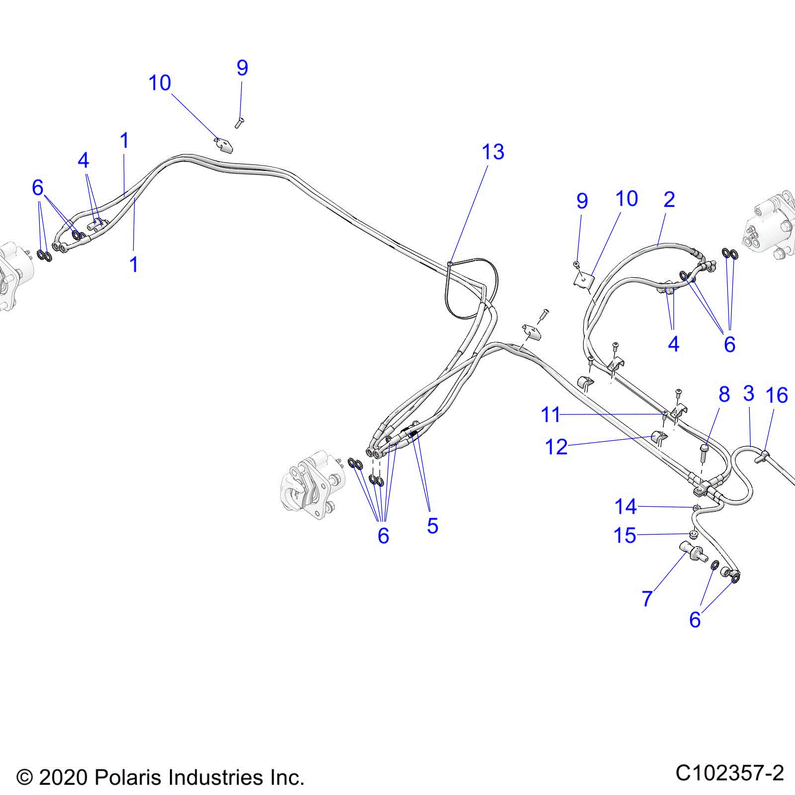 An Image of a Genuine Polaris Parts Schematic Diagram showing the schematic - BRAKES: BRAKE LINES REAR - 2021 POLARIS SPORTSMAN 570 6X6