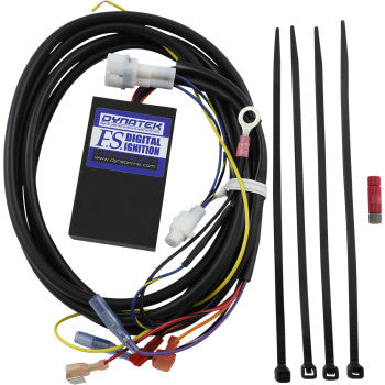 A Kawasaki Non Programmable Ignition System by Dynatek, featuring a black ignition box, multi-colored wires, connectors, zip ties, and a fuse—delivers increased spark energy as an easy plug-in replacement—displayed on a white background.