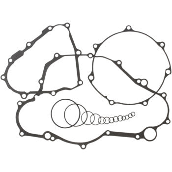 Set of black, thin rubber gaskets including large, irregularly shaped and circular pieces with multiple bolt holes.