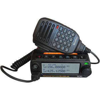 Black rectangular dualband radio with digital display and coiled cord microphone featuring numeric keypad and red button.