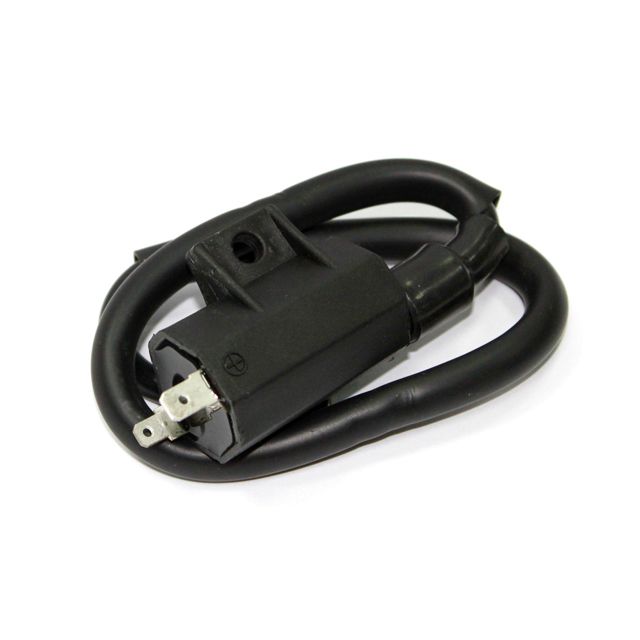 A Kawasaki UTV/ATV Ignition Coil by Bronco with an attached spark plug wire and metal connectors, coiled neatly on a white background—ideal for your Bronco ATV.