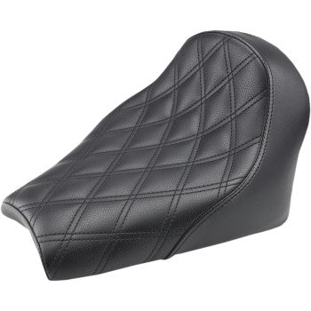 The Seat - Renegade Solo - Lattice Stitched - Black by Saddlemen features a high backrest and diamond lattice stitching on black textured material, providing both comfort and style.
