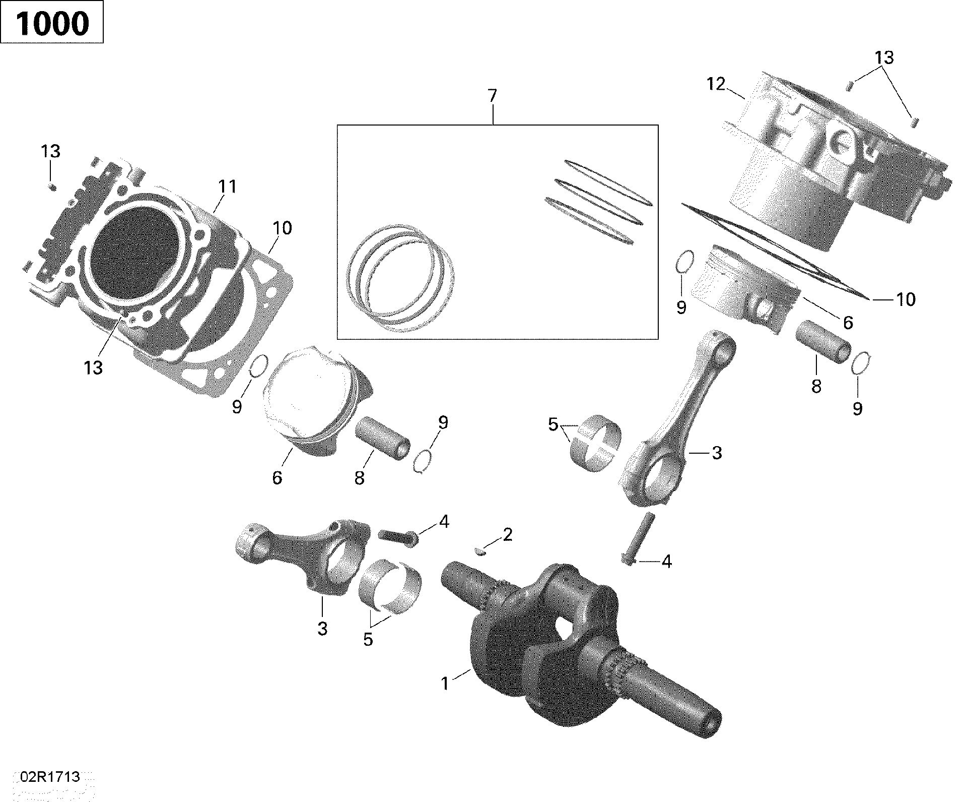 An Image of a Genuine Can-Am Parts Schematic Diagram showing the schematic - CRANKSHAFT PISTON AND CYLINDER - 1000R EFI