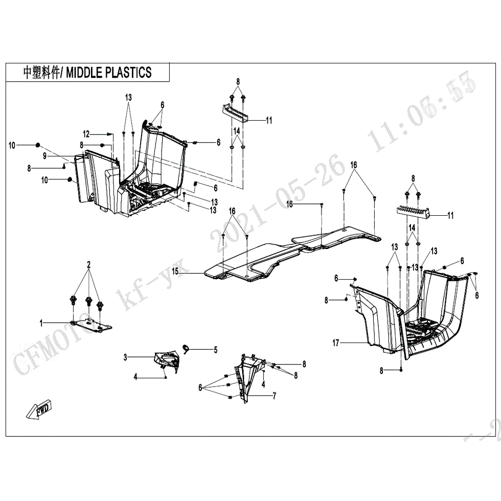 An Image of a genuine CFMOTO Parts Schematic Diagram showing the group - MIDDLE PLASTICS (WITH GEARSHIFT LOCK) - 2022 CFMOTO CFORCE 600