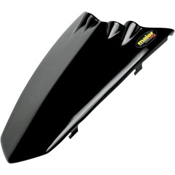 The Racing Hood Black KFXR by Maier is a glossy black rear seat cowl with aerodynamic ridges, made from high-density polyethylene, and features a Maier USA logo sticker on the upper right side.