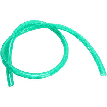 The Helix High Pressure Fuel Line Green 3/8" 3' is a coiled, transparent green polyurethane hose with one loose and one looped end, displayed against a white background.