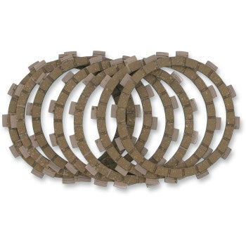 Four Clutch Friction Plates by Moose Offroad, with notched edges and made from heat-resistant friction material, are stacked in a slightly overlapping arrangement on a white background.
