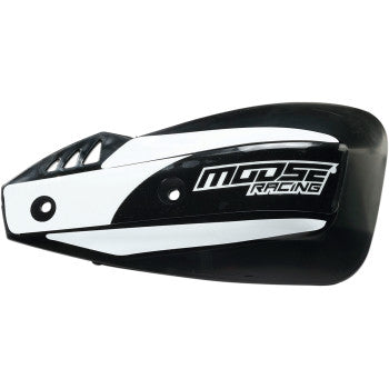 The Podium Handshields Replacement Black by Moose Offroad features a bold, modern look with cutout vents, mounting holes, and the "Moose Racing" logo—an ideal black and white replacement shield for your motorcycle handguards.