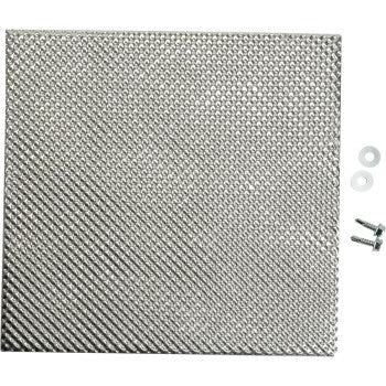 The Polaris RZR Heat Shield Kit by Dei includes a square metal mesh sheet with a textured surface, two small screws, and two white washers—perfect for use as an engine or radiator heat shield.