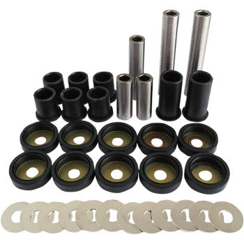 The Rear Independent Suspension Repair Kit by Epi includes metal washers, cylindrical bushings, spacers, and sleeves for suspension arms, all displayed neatly in rows on a white background.