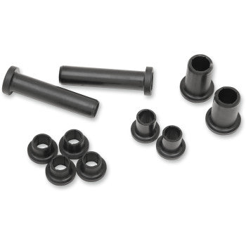The Rear Swingarm Bushing Kit by Epi features black cylindrical plastic bushings and sleeves, some flanged, arranged on a white background—ideal for OEM-quality applications.