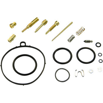 The Honda Carburetor Repair Kit by Shindy, featuring gaskets, O-rings, float valves, springs, jets, and jet needle sets, is arranged neatly on a white background.