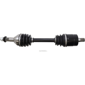 Black metal CV axle kit with protective rubber boots on each end and metal joints, designed for offroad use.