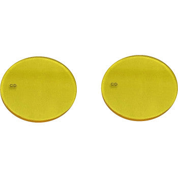Two round, flat, yellow Fog Light Lens - Yellow by Custom Dynamics pieces with CD near the edge, displayed side by side on a white background—ideal for upgrading your fog lights.