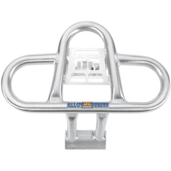 The Alloy Bumper Yamaha Blaster 200 by Dg Performance is made from durable 6061 aluminum, featuring a silver finish, central plate with cut-out designs, rounded edge, and ALLOY logo at the bottom for reliable ATV protection.