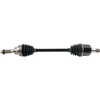 Black metal Kawasaki Mule CV axle shaft with rubber protective accordion boots on both ends and splined metal shafts.