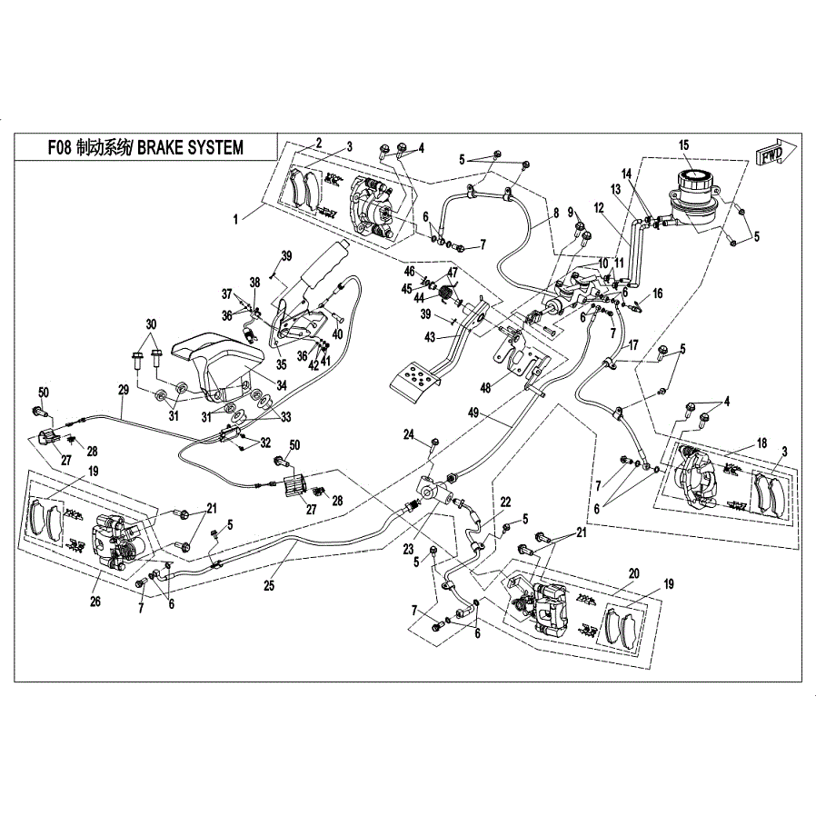 An Image of a Genuine CFMOTO Parts Schematic Diagram showing the schematic - BRAKE SYSTEM (SUMITOMO - Vehicles Built After 10/26/2017) - 2018 CFMOTO ZFORCE 500