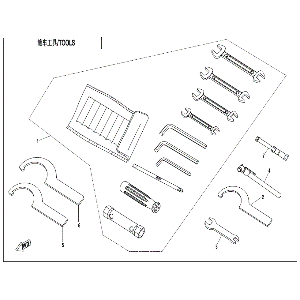 An Image of a genuine CFMOTO Parts Schematic Diagram showing the group - TOOLS (NA) - 2021 CFMOTO CFORCE 1000 Overland