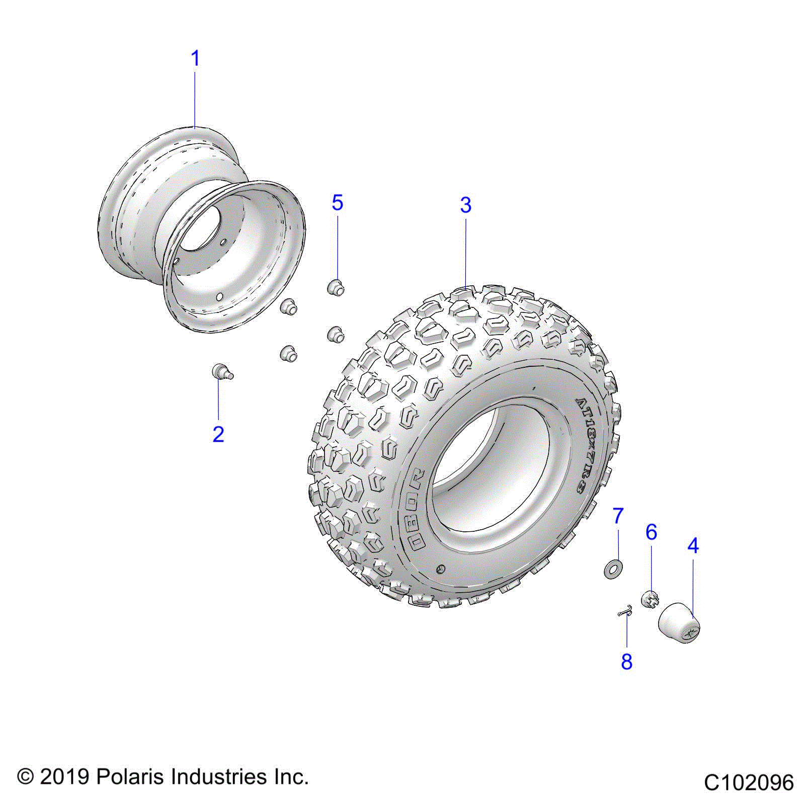 An Image of a Genuine Polaris Parts Schematic Diagram showing the schematic - WHEELS: FRONT - 2023 POLARIS OUTLAW 70