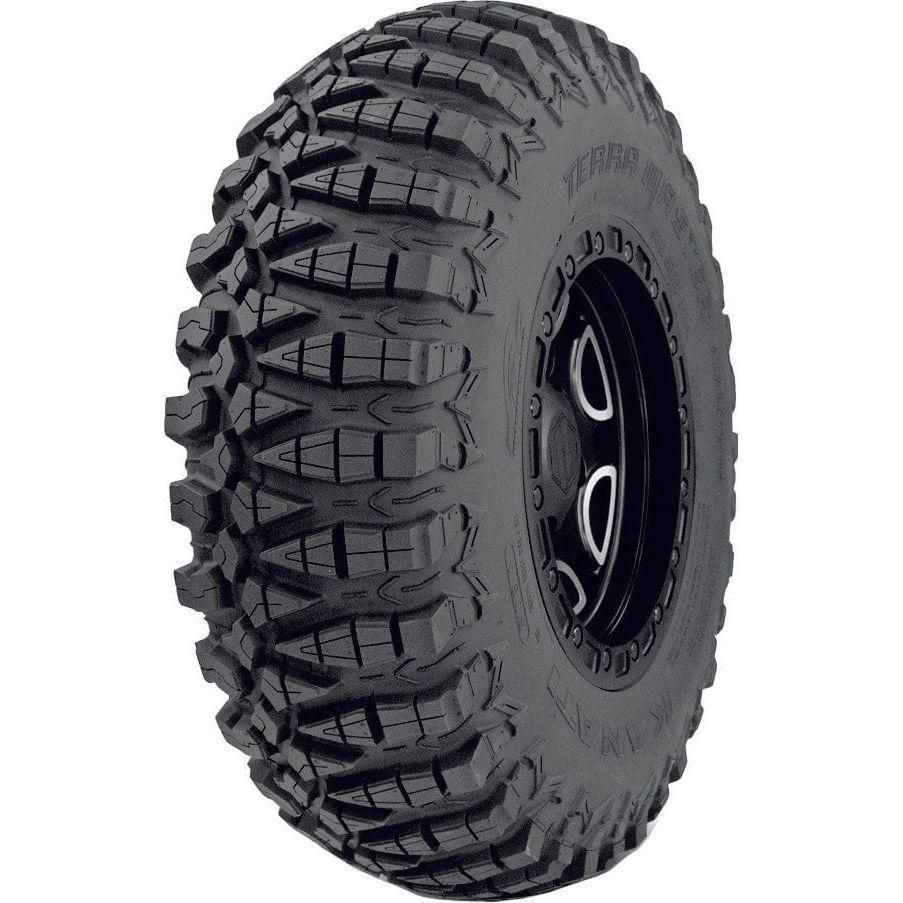 The Tire Terra Master 32X10R-14 by GBC is a black off-road tire with deep asymmetrical tread for enhanced traction, rugged texture, durable steel belted radial design, and comes mounted on a black metal rim.