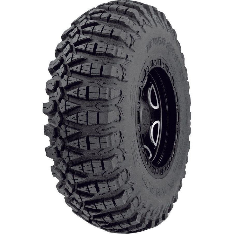 The Tire Terra Master 29X10R-14 by GBC is a large off-road tire with deep, aggressive, asymmetrical treads and a black rim, built with a 10-ply rating for superior traction and durability on rough terrains.