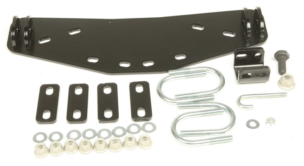 The Honda Rancher, Foreman Provantage Center Snow Plow Mounting Kit by Warn includes a metal plate with multiple holes, two U-bolts, four rectangular plates, and assorted hardware—ideal for plowing and vehicles with high ground clearance.
