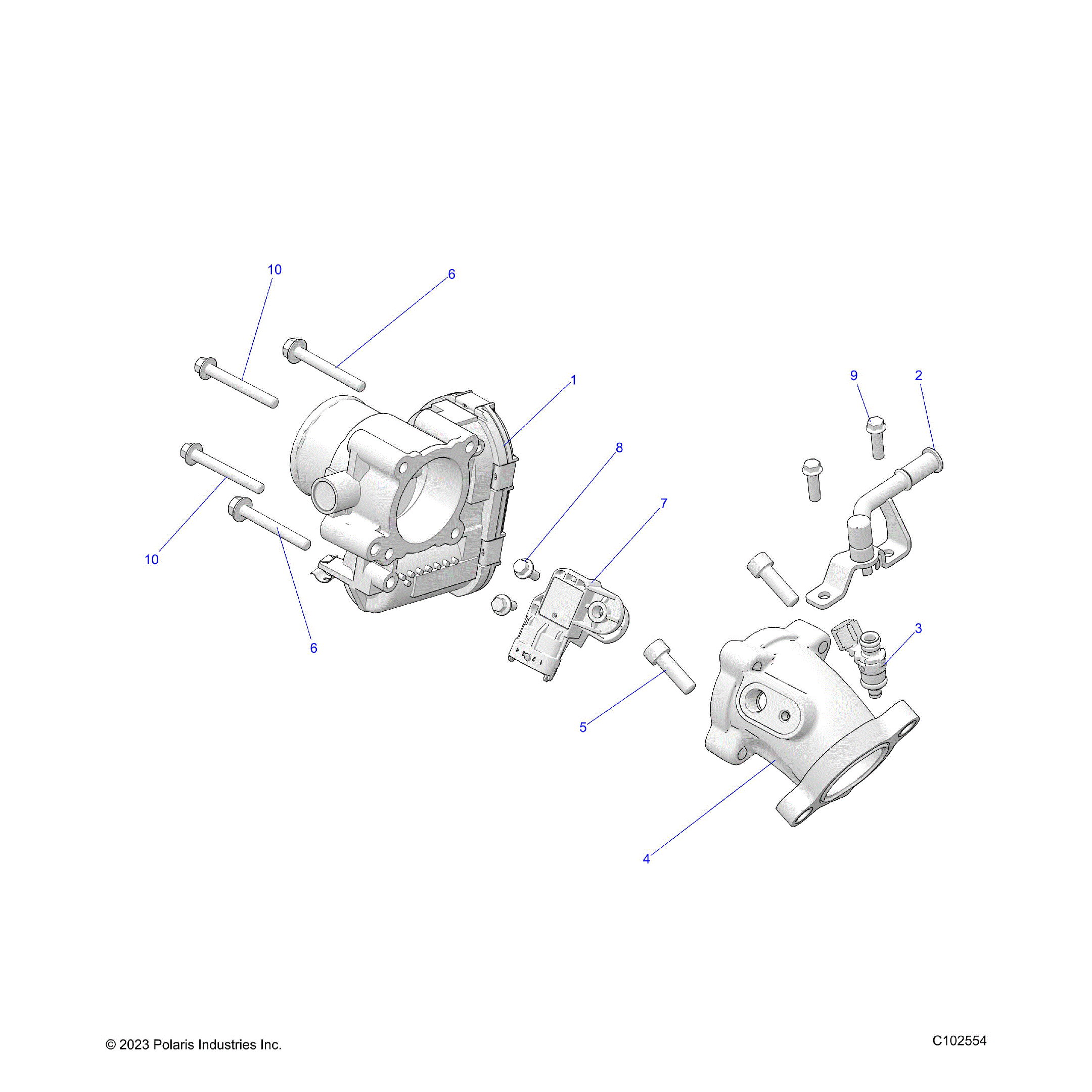 An Image of a Genuine Polaris Parts Schematic Diagram showing the schematic - ENGINE: THROTTLE BODY and FUEL RAIL - 2025 POLARIS SPORTSMAN 570 EPS
