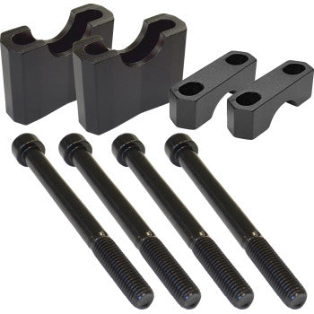The Powermadd Universal 7/8" Bar Risers with Bolts 1-1/2" includes two pairs of uniquely shaped metal brackets and four black bolts, ideal for motorcycle handlebar risers, all shown on a white background.